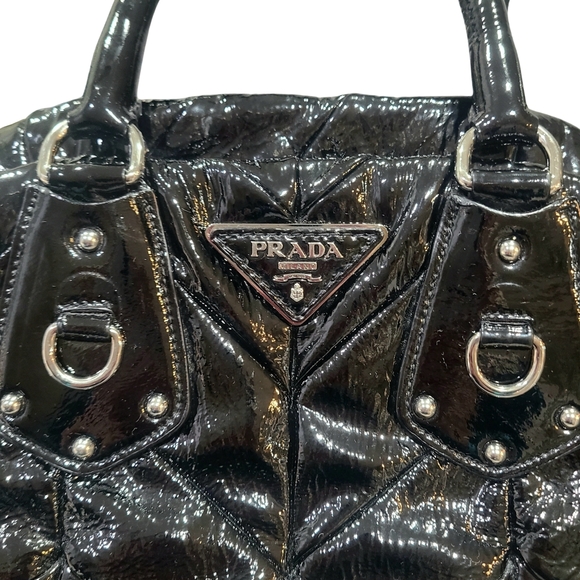 PRADA Vernis Chevron Dome Satchel in Nero Bowler Handbag W/ Shoulder Strap MINT - Picture 5 of 16